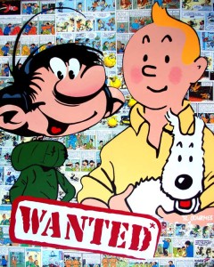 2020 1 WANTED compréssé,Gaston et Tintin, acrylique et collage sur toile, 81x65 cm